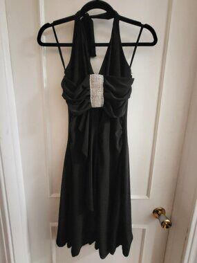 NWT Black Halter Formal Cocktail Dress with Rhinestone Brooch